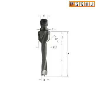 Сверло HW для присадочного станка 8x20x Z=2+2 S=M10/11x4 RH