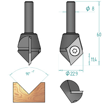 Гравировальная концевая фреза СМТ 665.200.11 с одним сменным поворотным твёрдосплавным ножом Z1