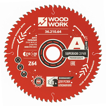 Диск пильный для алюминия210x2,2/1,6x30 Z=64 A=-5 Woodwork 36.210.64