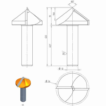 Фреза пазовая V-образная 105° HW S=12 D=36x19 RH Z2 CMT артикул S915.04283